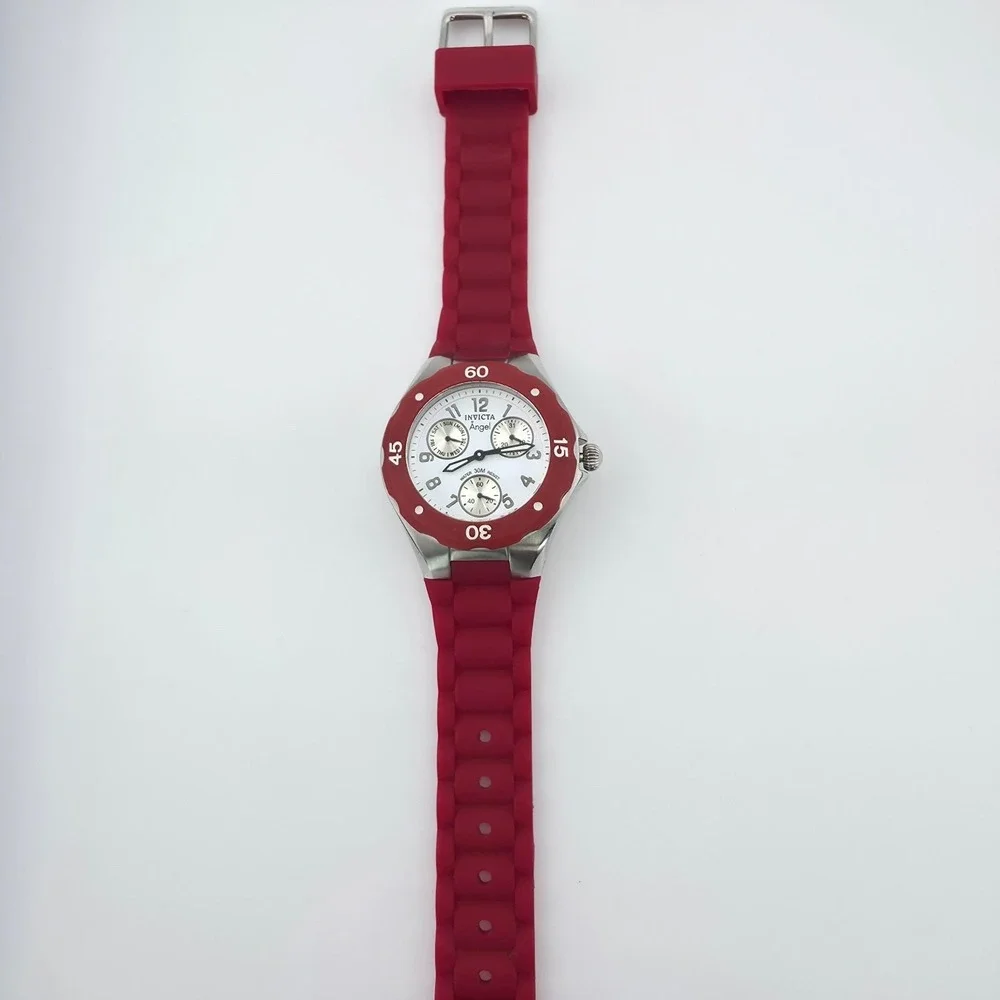 INVICTA 'Angel' Ladies Watch Diver Unidirectional Bezel Red Silicone Band 8